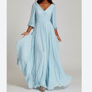 NWT Rickie Freeman for Teri Jon Chiffon Puff Sleeve Pleated Gown Pale Blue sz 12